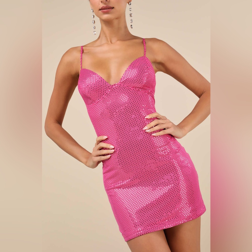 Lulus Immaculate Energy Pink Shiny Dotted Mesh Bodycon Mini Dress - S